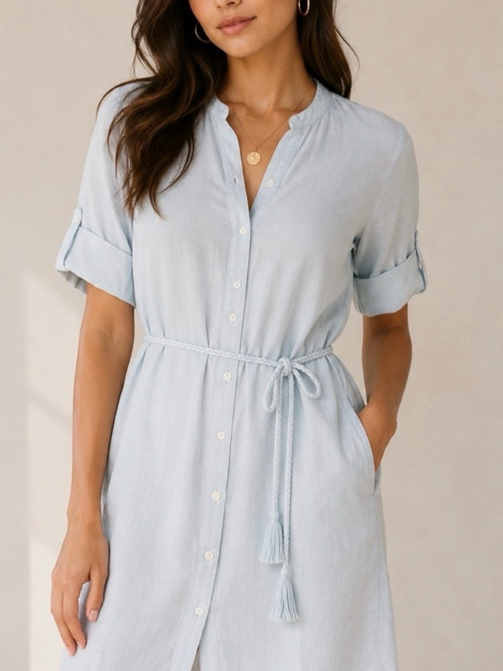 Ann Taylor Light Blue Linen Button-Front Shirt Dress with Tie Waist